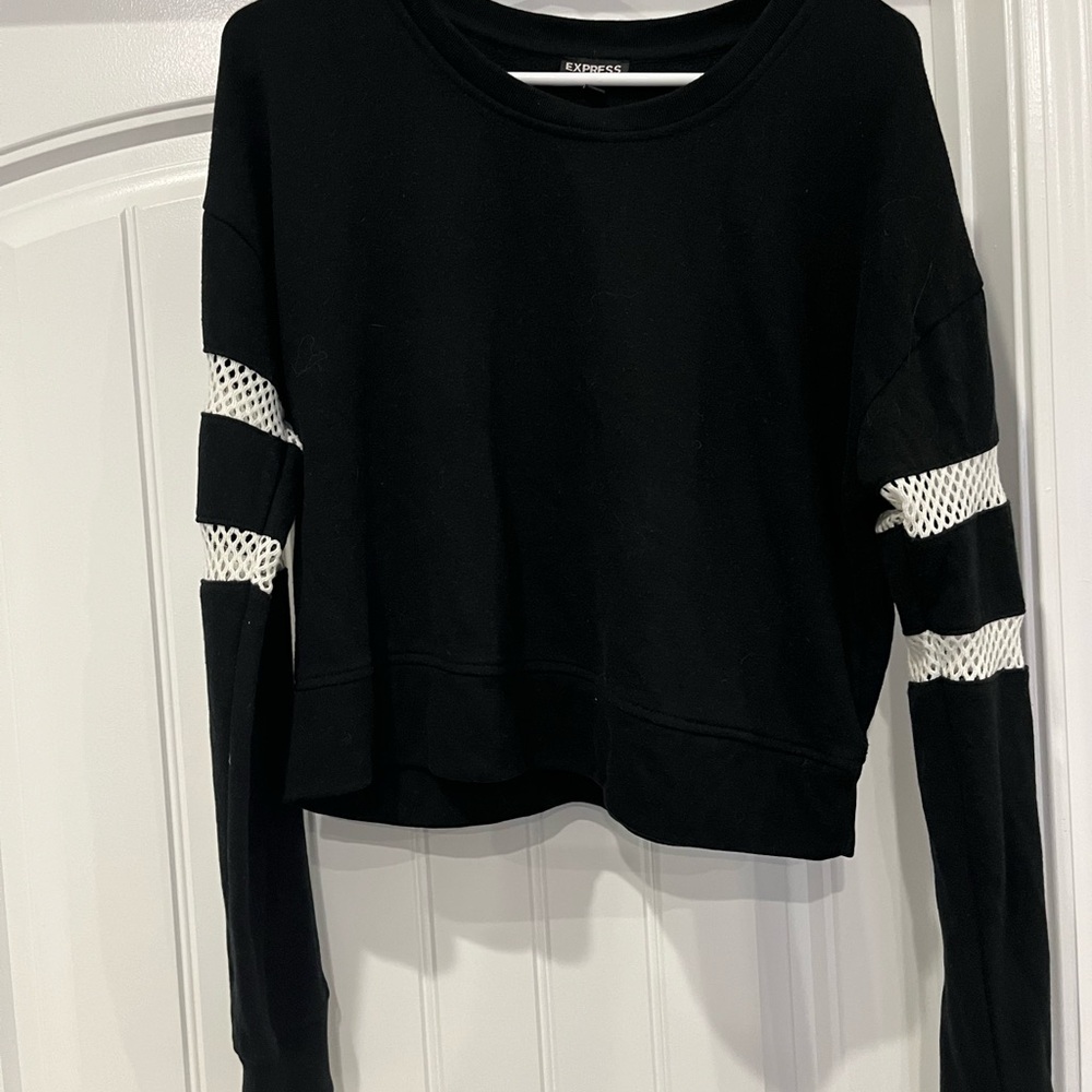 EXPRESS cropped black sweatshirt with white mesh detailing.